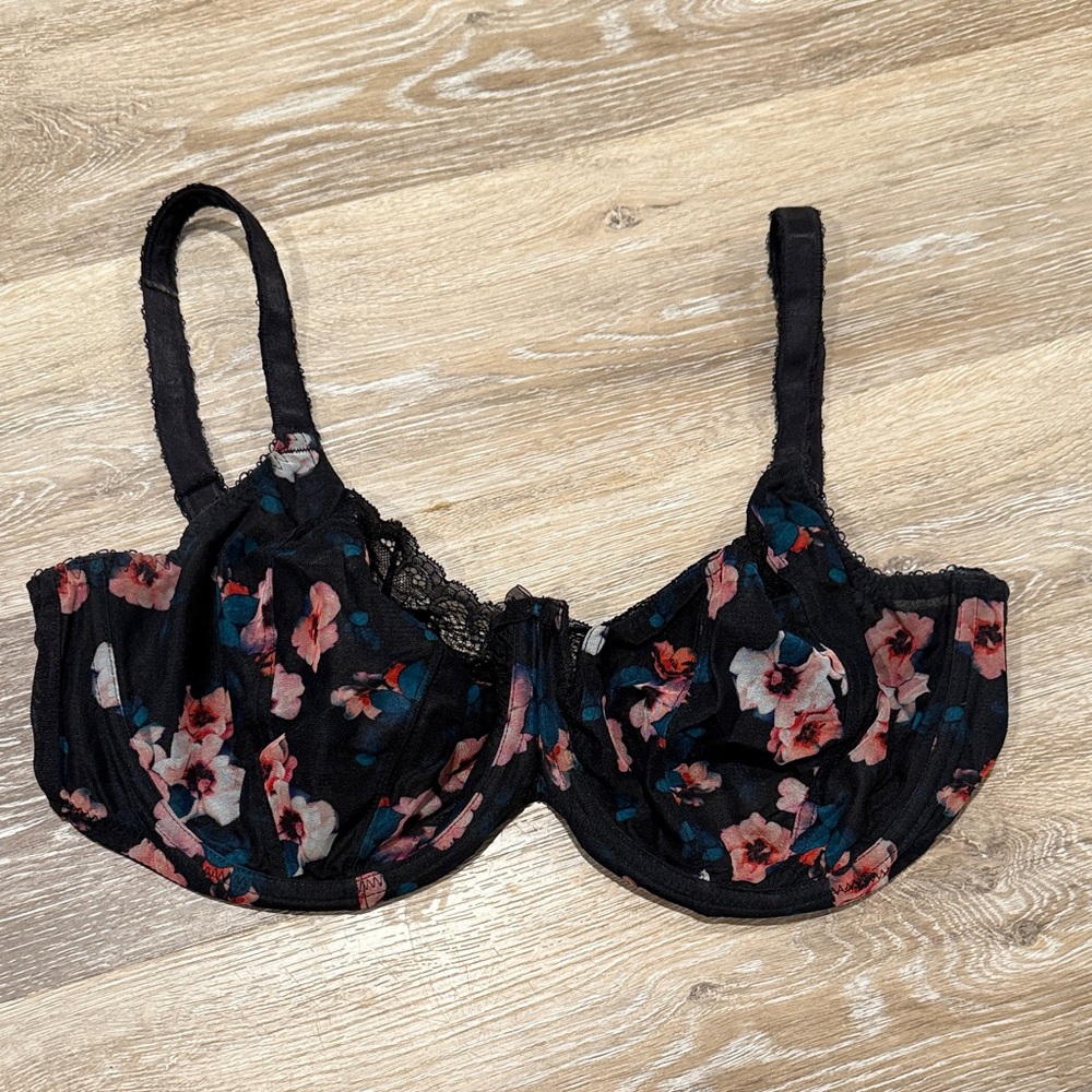 Panache Black and Pink Floral Bra